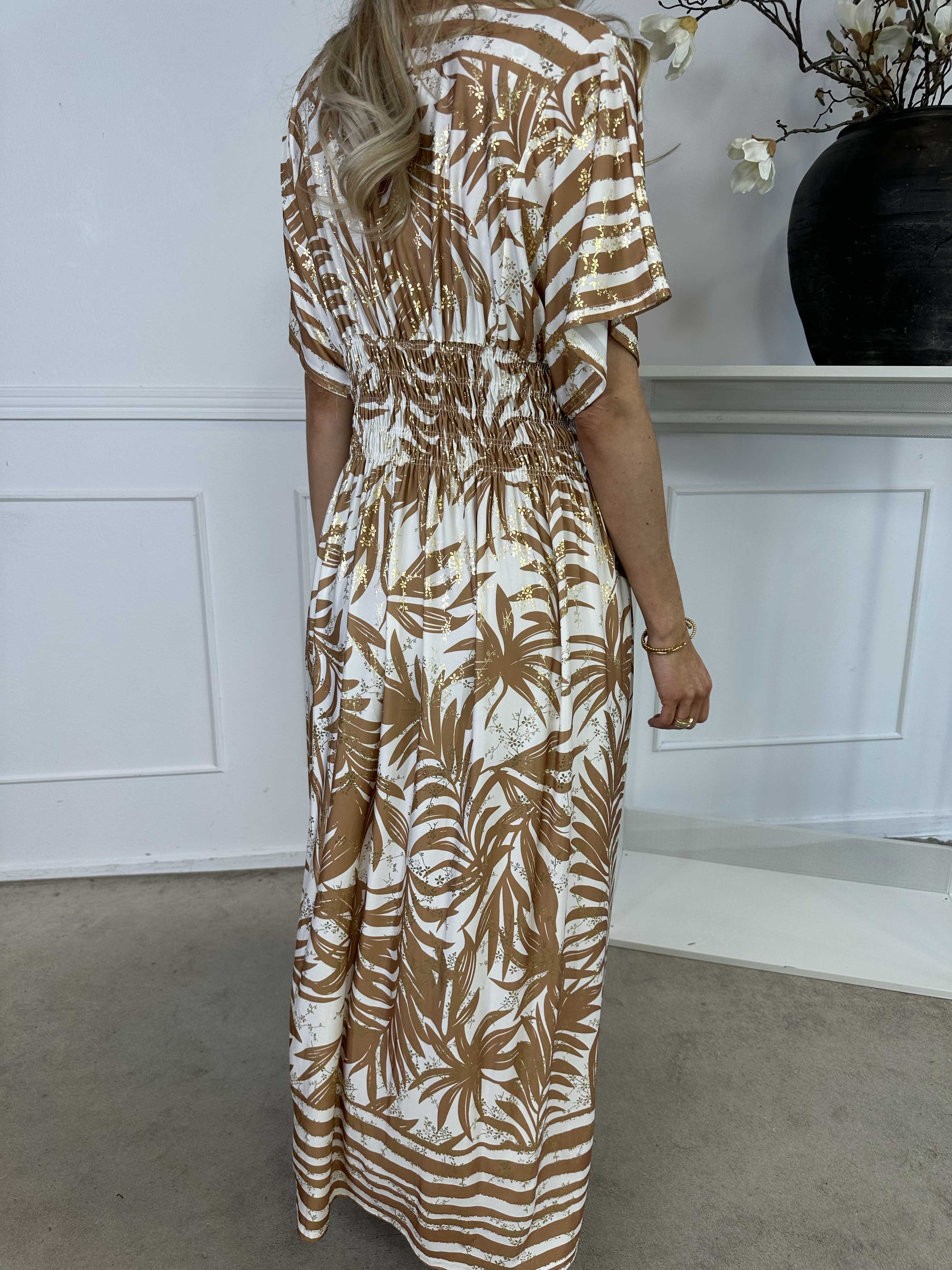 Pams Palm - Lang elastisk kjole med palmeblade og smock i livet